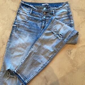 Refuge size 10 distressed acid wash jeans, high waisted stretchy